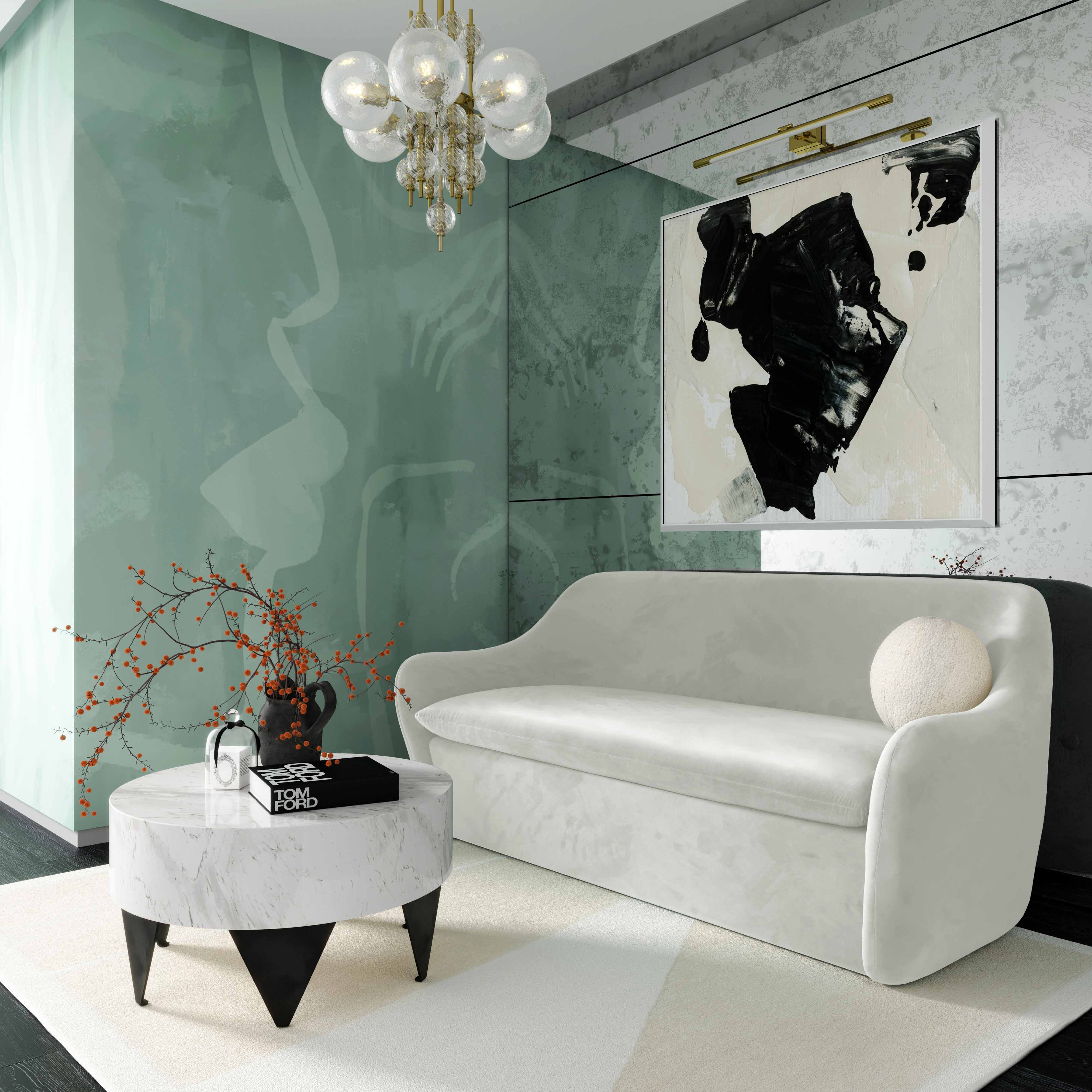 Loveseat sofá de dos plazas en terciopelo Mehdi color gris claro en una sala.
