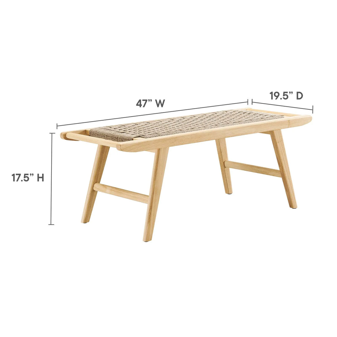 Banca 47” de madera natural y cuerda tejida natural Stephen dimensiones.