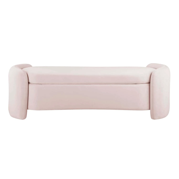 Banca de terciopelo rosa con almacenamiento Raga de frente.