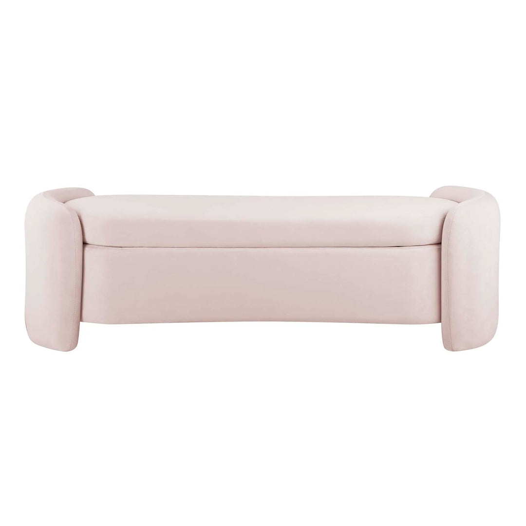 Banca de terciopelo rosa con almacenamiento Raga de frente.