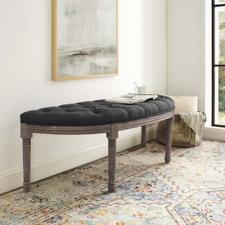 Banca francés vintage en semi círculo gris Anne en una sala.