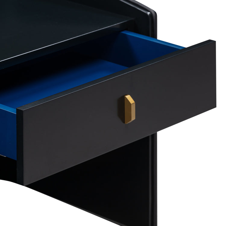 Buró con un cajón diseño atemporal Edward color negro con el cajón abierto.