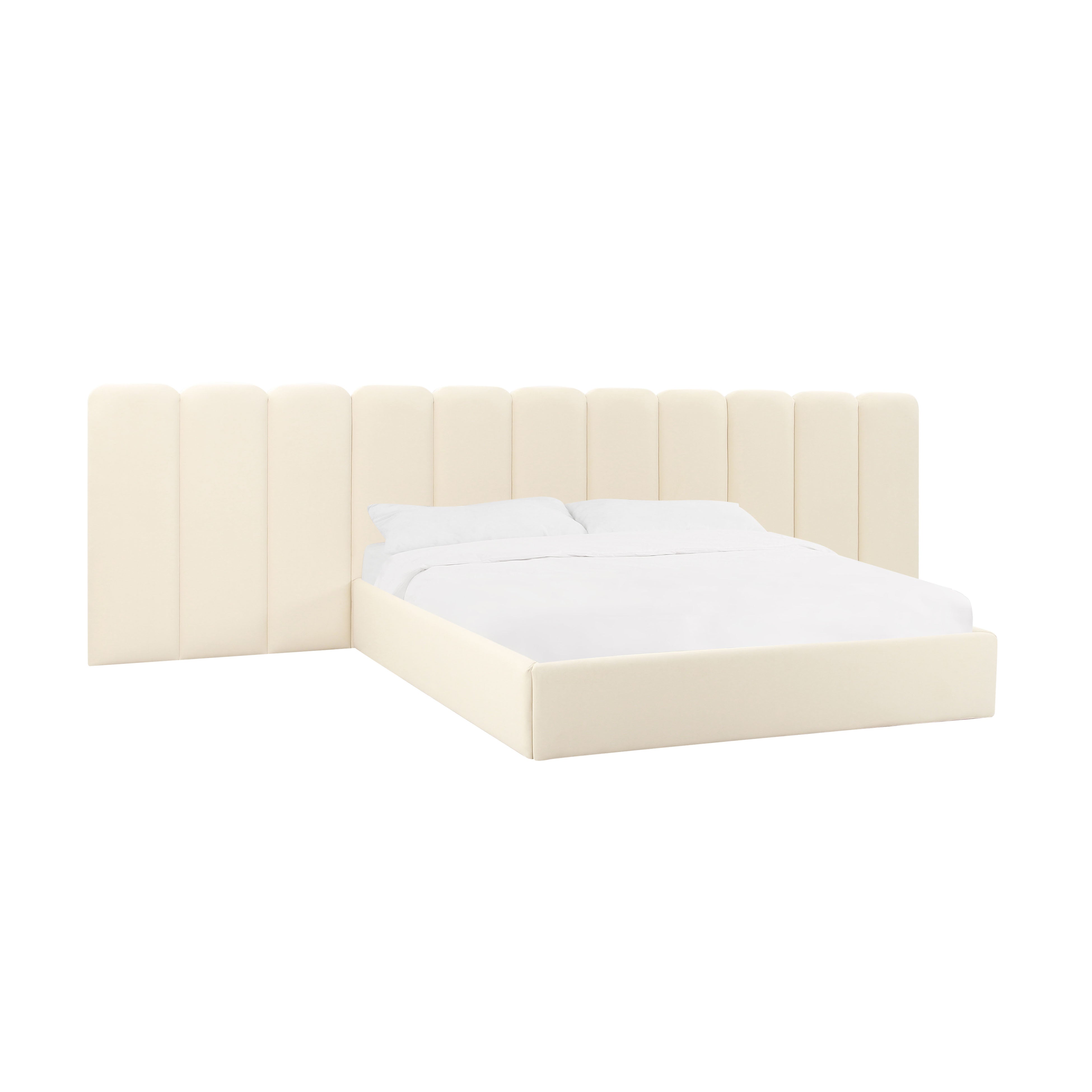 Cama King con alas de terciopelo crema Edessa.