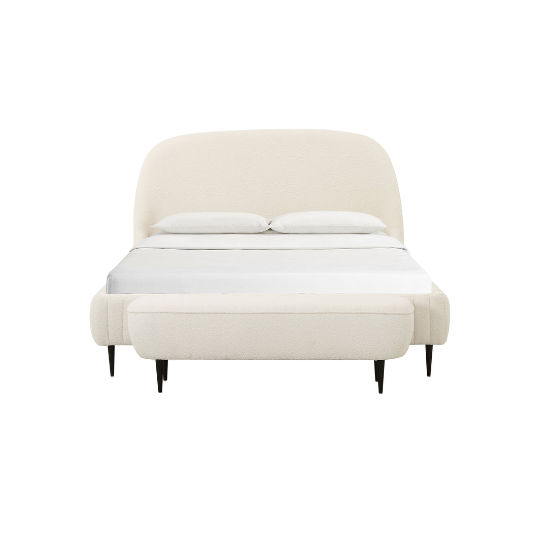 Cama de boucle crema Amelia frente a banca Amelia de frente.