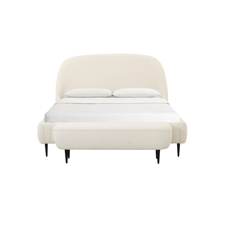 Cama de boucle crema Amelia frente a banca Amelia de frente.
