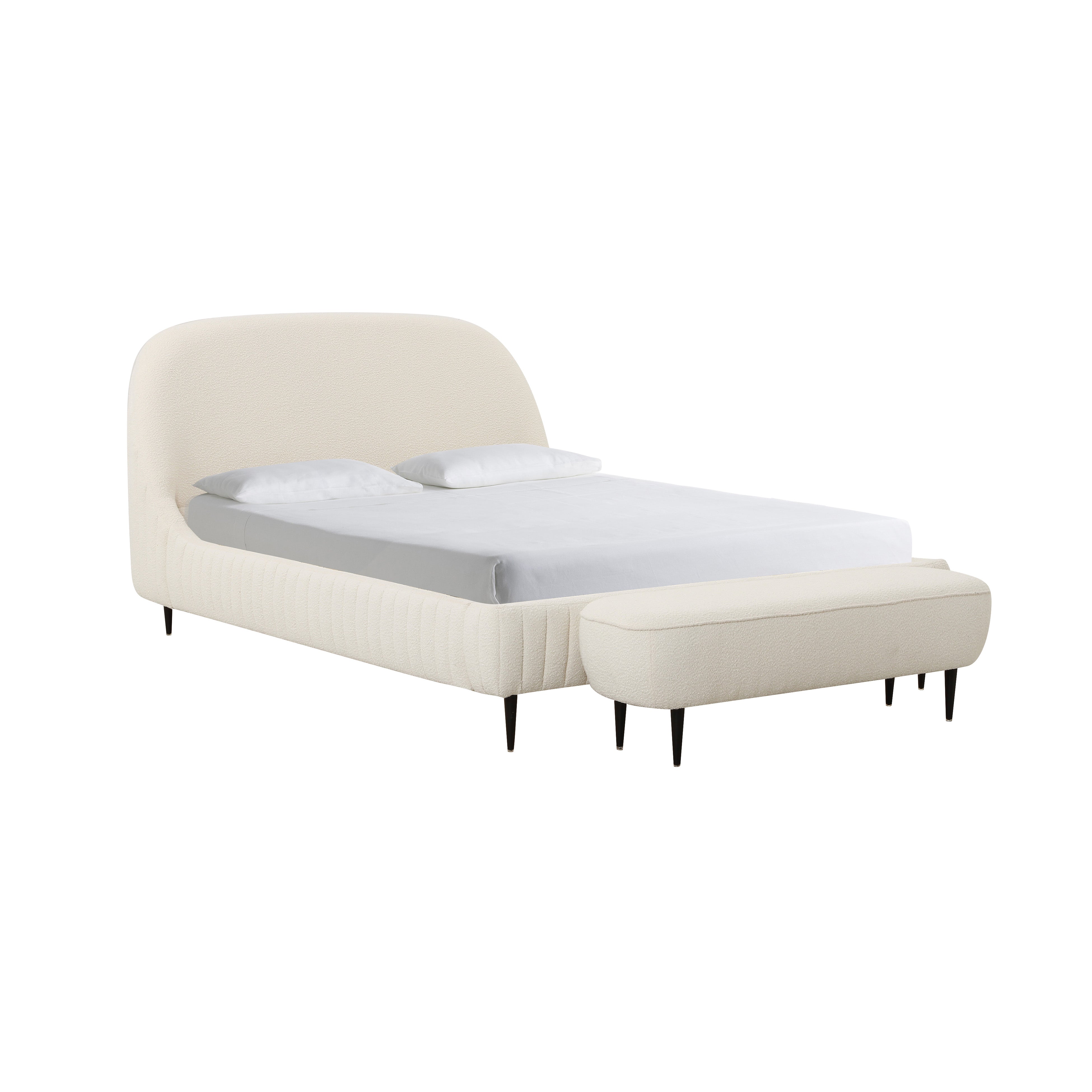 Cama King de Boucle crema Amelia frente a banca Amelia.