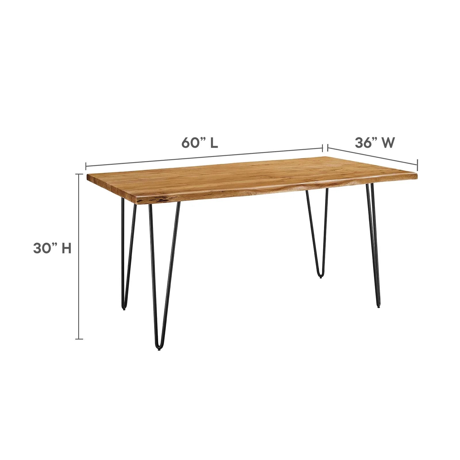 Comedor de madera de acacia natural y base negra de 60” Alte dimensiones.