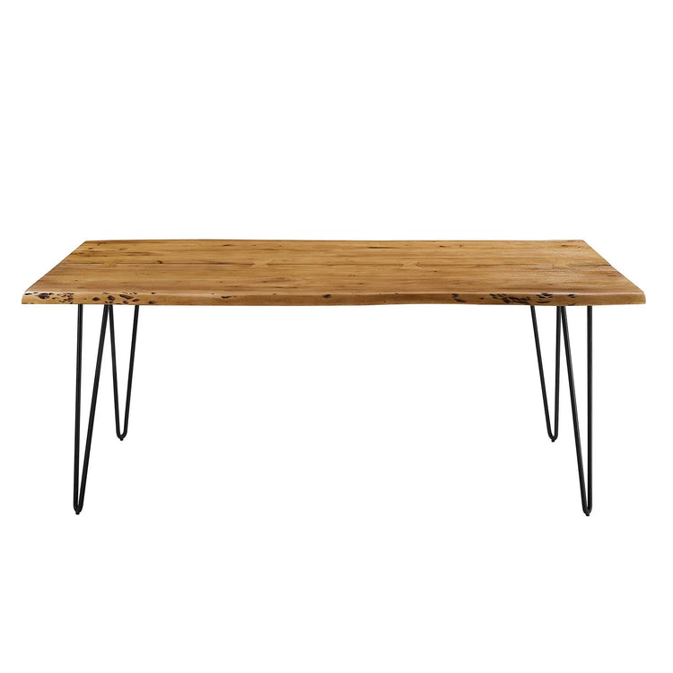 Comedor de madera de acacia natural y base negra de 74” Alte de frente.
