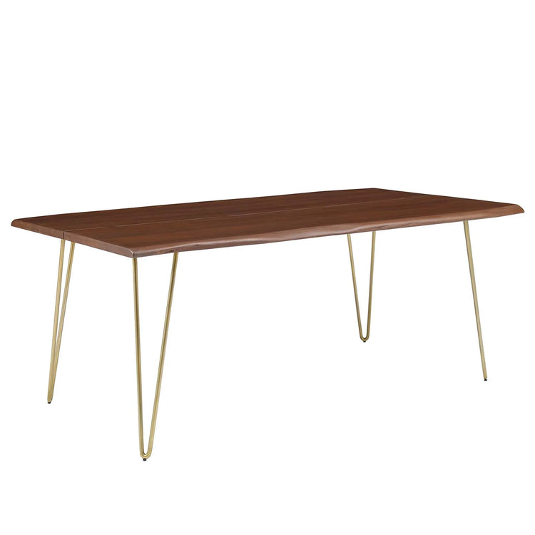 Comedor de madera de acacia nogal y base dorada de 74” Alte.