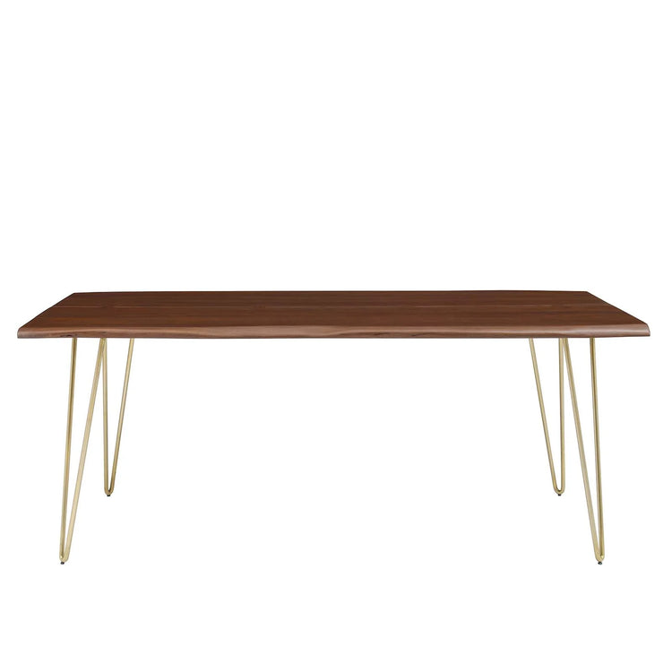 Comedor de madera de acacia nogal y base dorada de 74” Alte de frente.