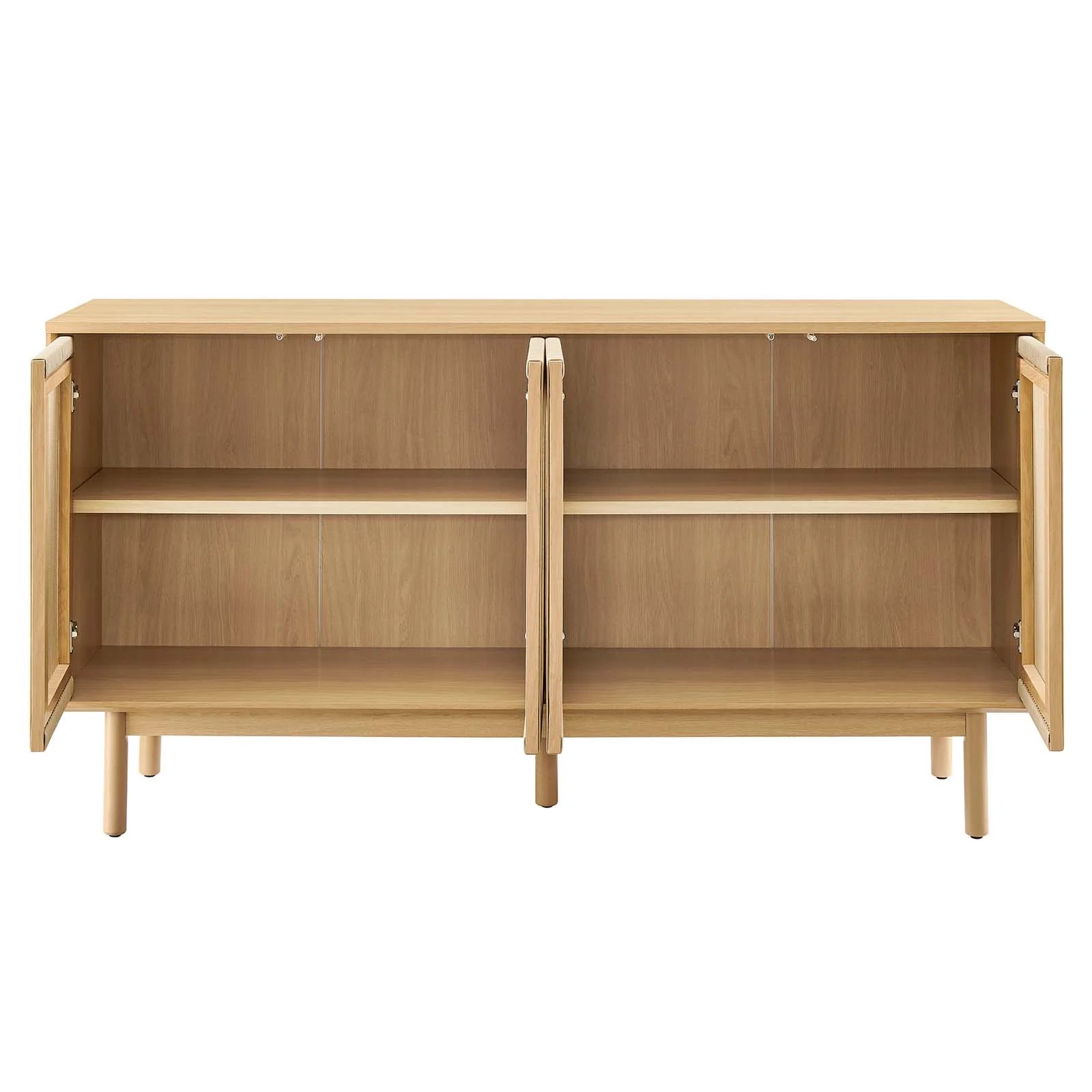 Credenza de 63” con cuerda tejida Areu de frente con las puertas abiertas.