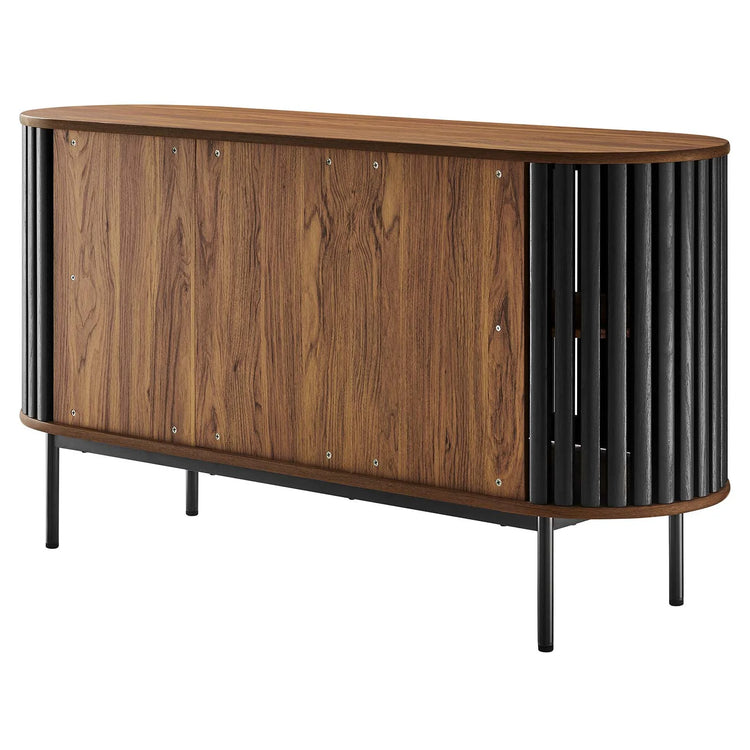 Credenza negra ovalada con madera estriada color nogal Veron de espaldas.