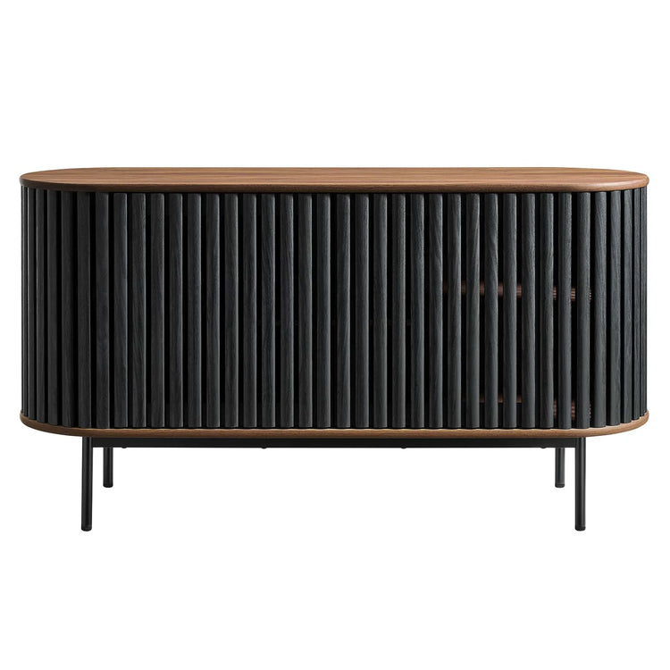 Credenza negra ovalada con madera estriada color nogal Veron de frente.