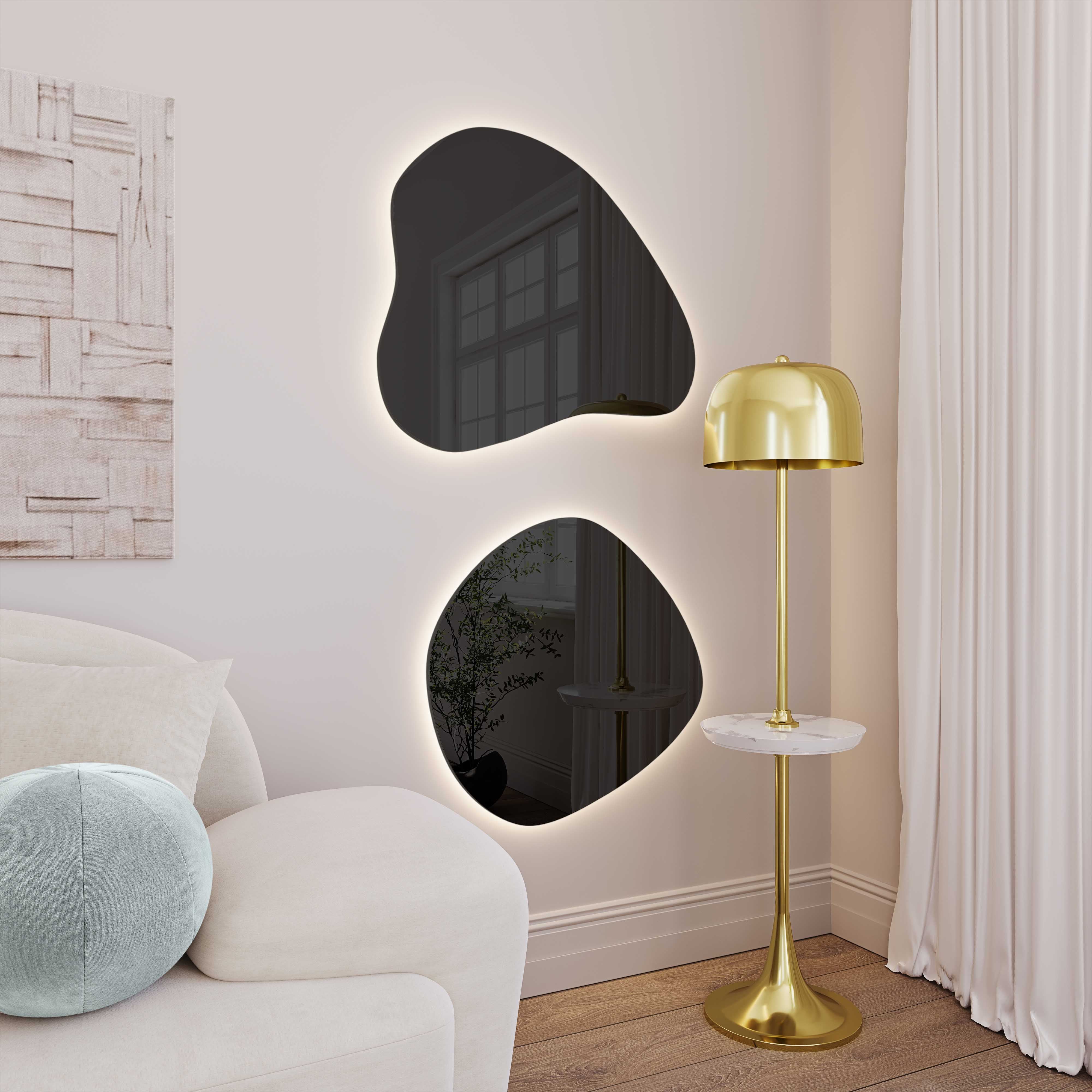 Espejo de pared LED entintado en forma de lágrima Mónica y EPMM-02 con forma ovalada irregular.