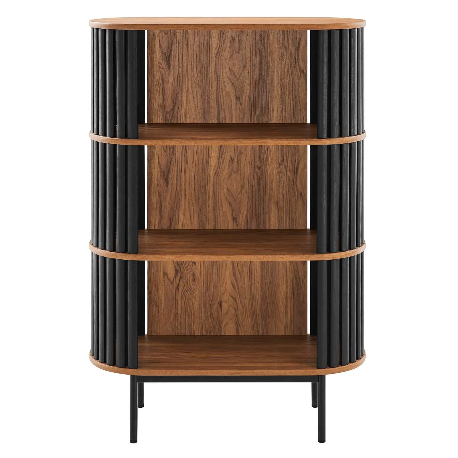 Gabinete negro ovalado de tres niveles color nogal Veron de frente.
