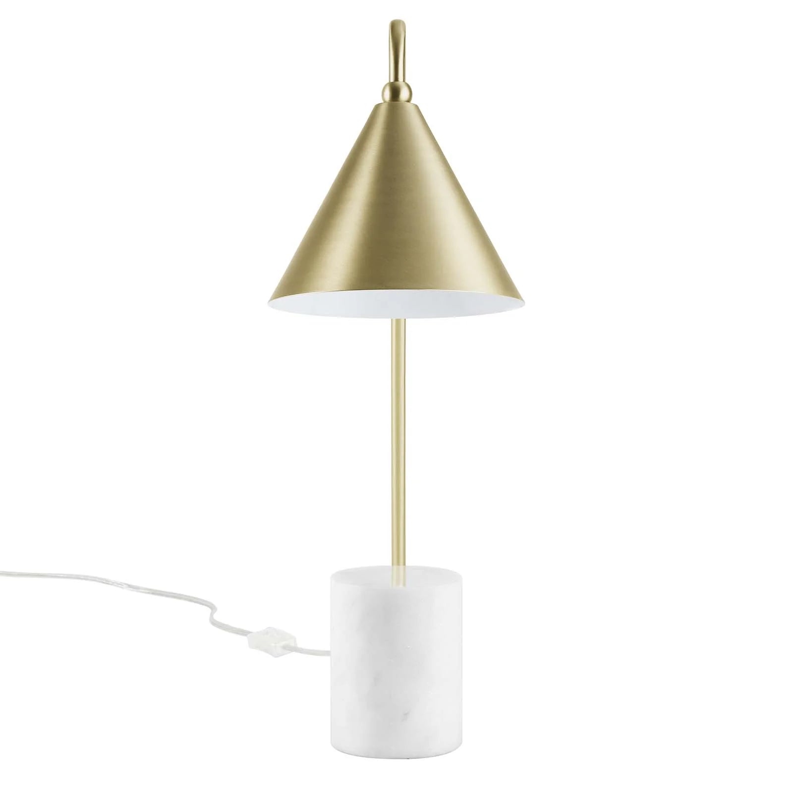 Lámpara de mesa color latón satinado con base de mármol blanco Irma de frente.