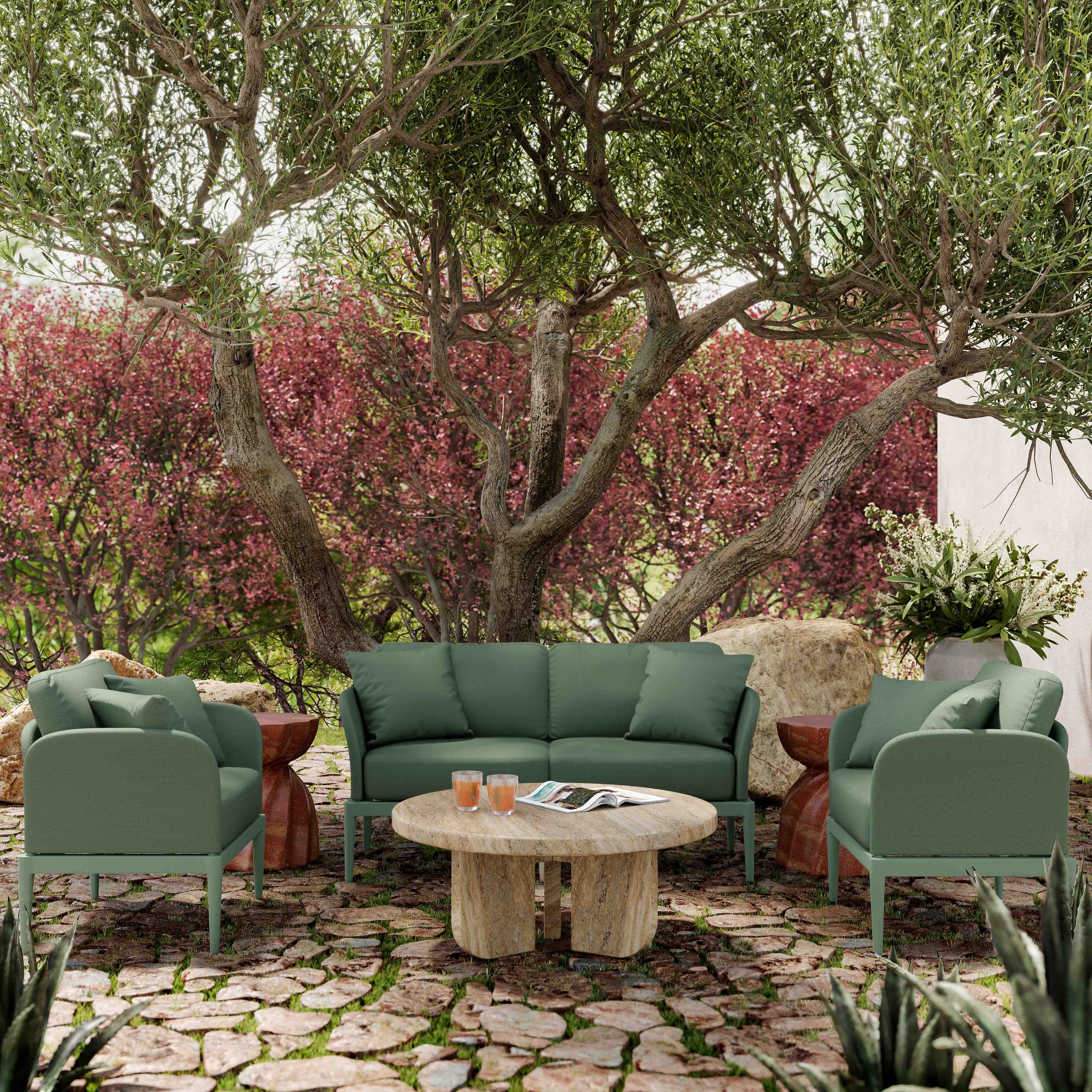 Loveseat de aluminio para exteriores Jade color verde en un patio con colección Jade y Mesa de Centro Melika MCPA-01.