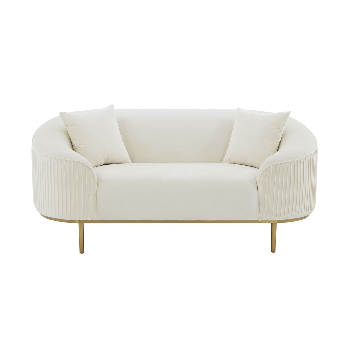 Loveseat de terciopelo plisado crema Ilonnka de frente.