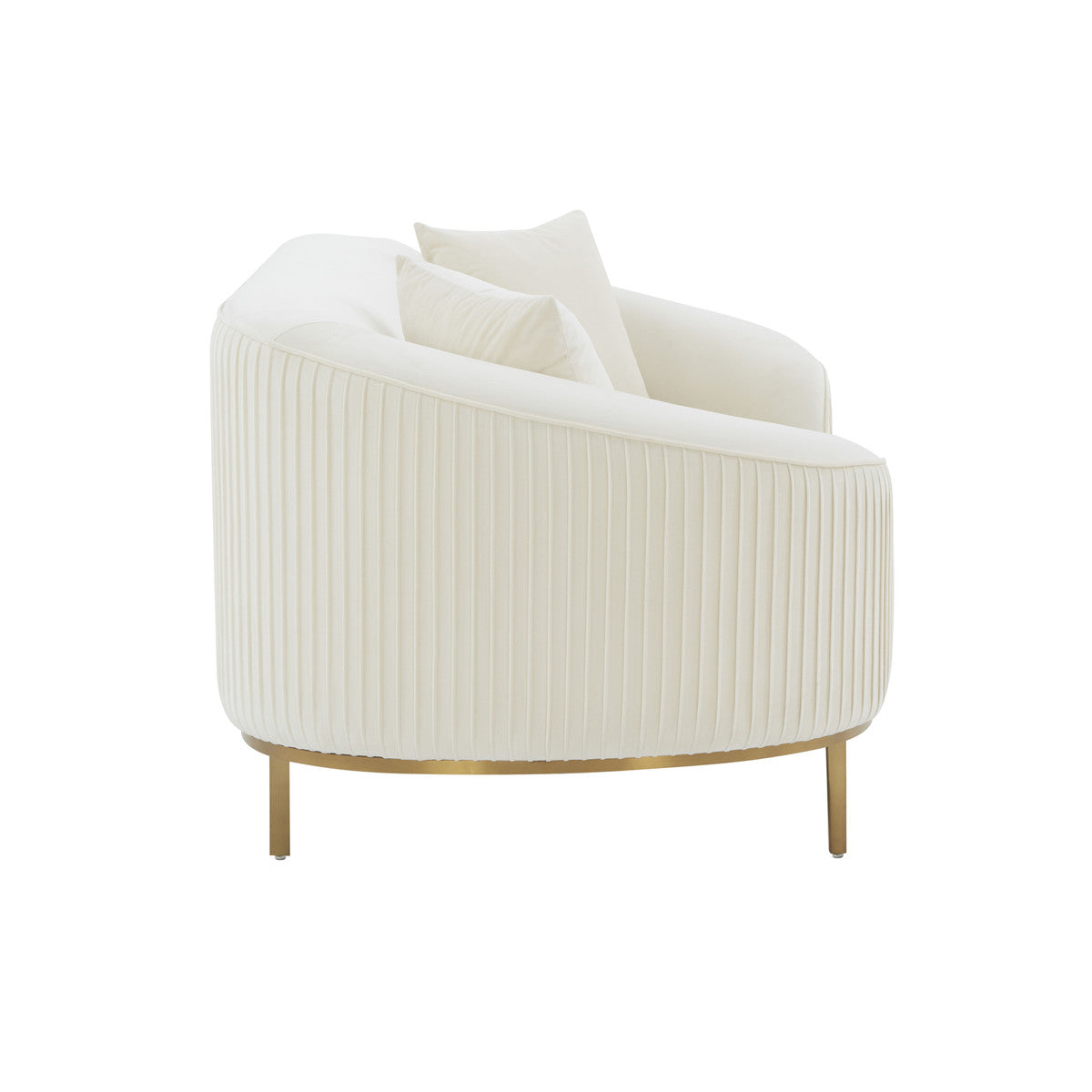 Loveseat de terciopelo plisado crema Ilonnka de lado.