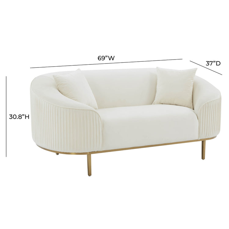 Loveseat de terciopelo plisado crema Ilonnka dimensiones.