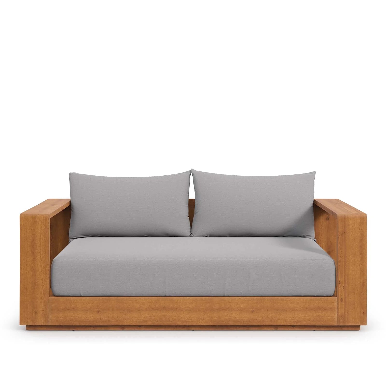 Loveseat para exteriores de madera de acacia Neuba de frente.