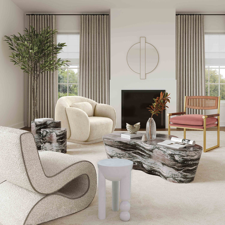 Mesa auxiliar color mármol gris Slat alta en una sala moderna.