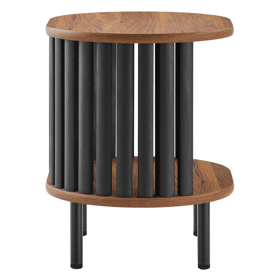 Mesa auxiliar negra ovalada de madera color nogal Veron de lado.
