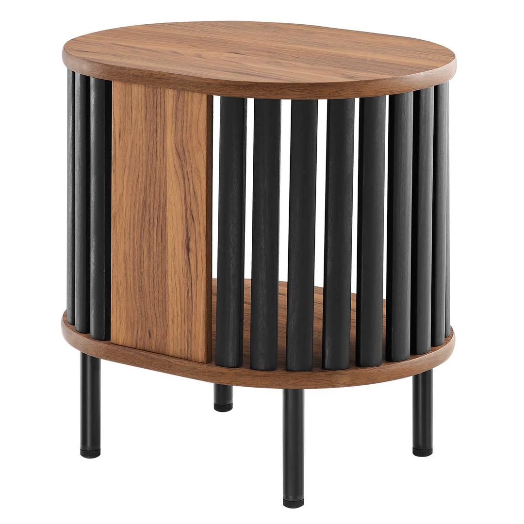 Mesa auxiliar negra ovalada de madera color nogal Veron de espaldas.