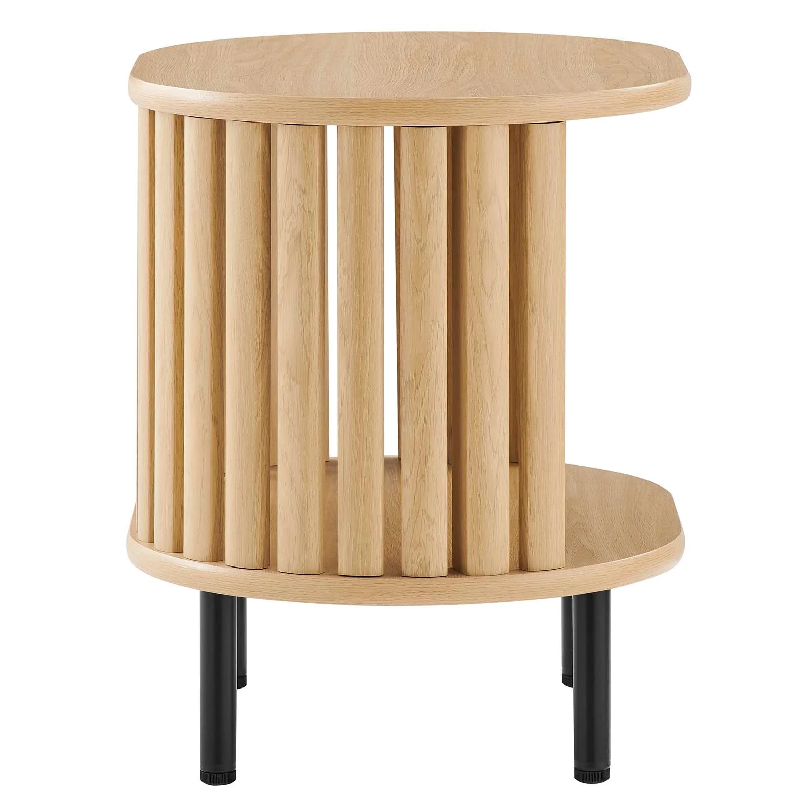 Mesa auxiliar ovalada de madera color roble Veron de lado.