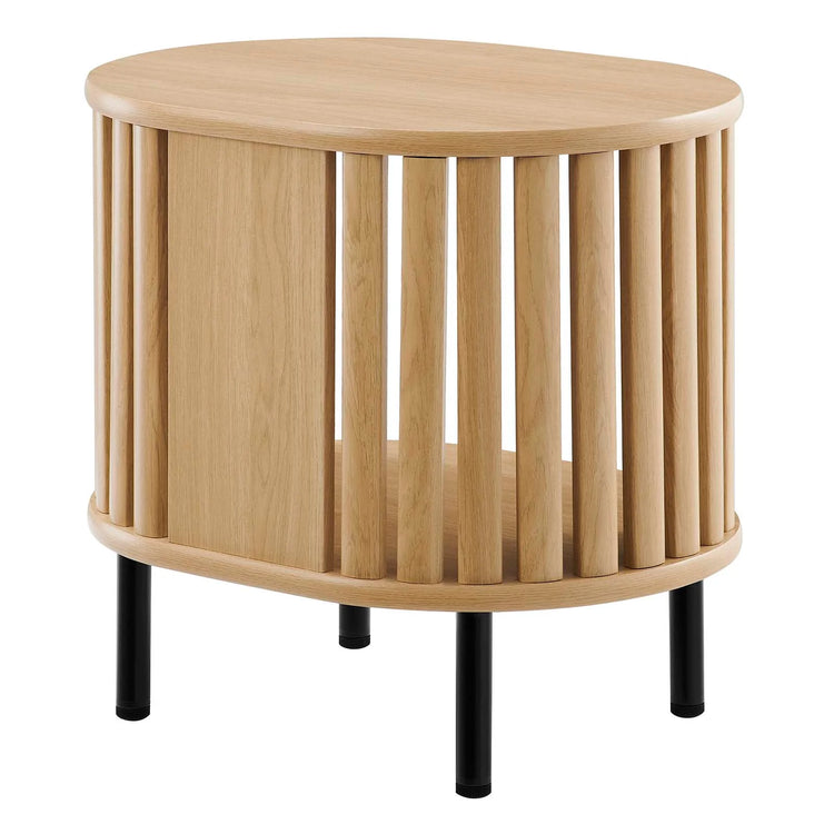 Mesa auxiliar ovalada de madera color roble Veron de espaldas.