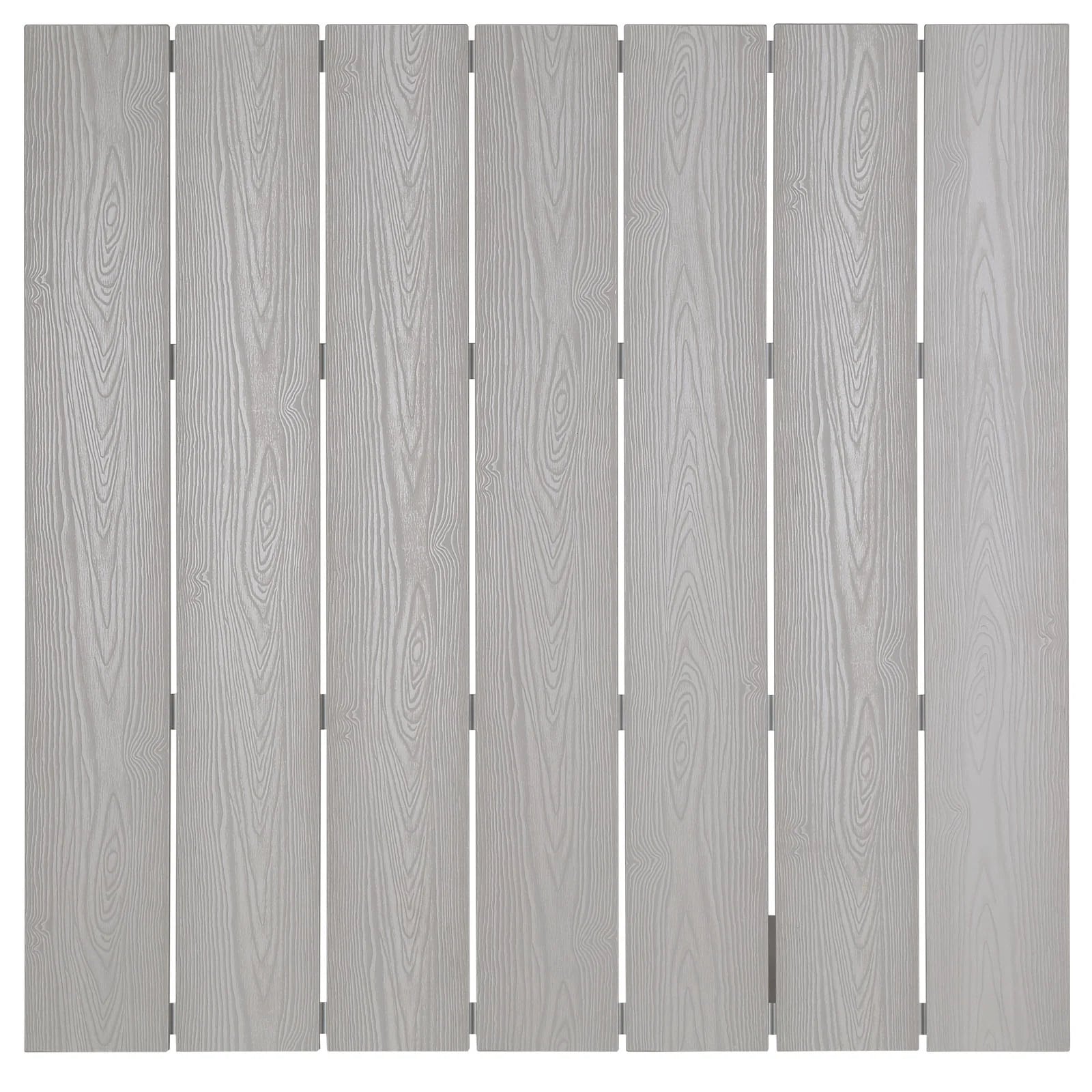 Mesa de barra para exterior de madera sintética y aluminio Lore color gris claro superficie.