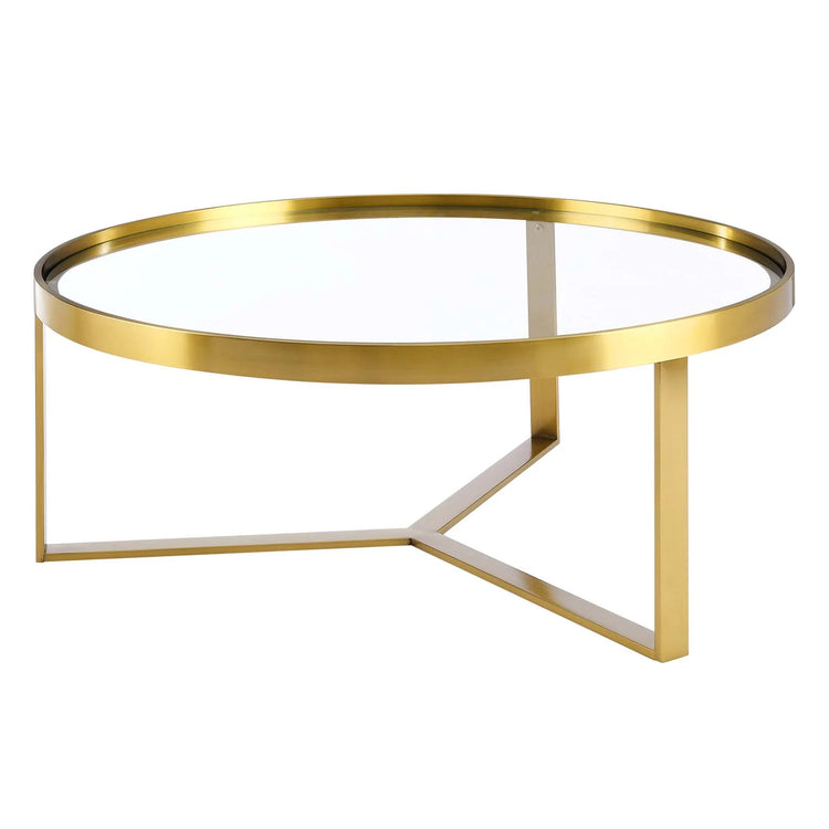 Mesa de centro con vidrio templado redondo Oriol color dorado.