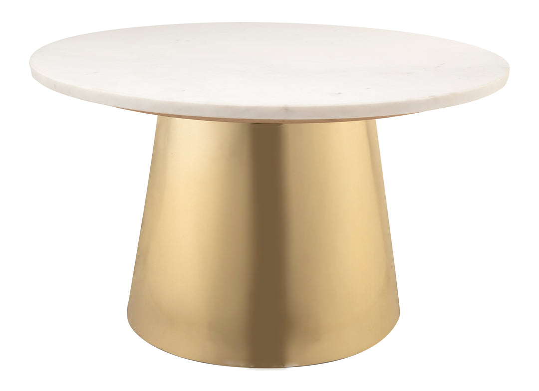 Mesa de centro moderna circular dorada con mármol blanco Oval.
