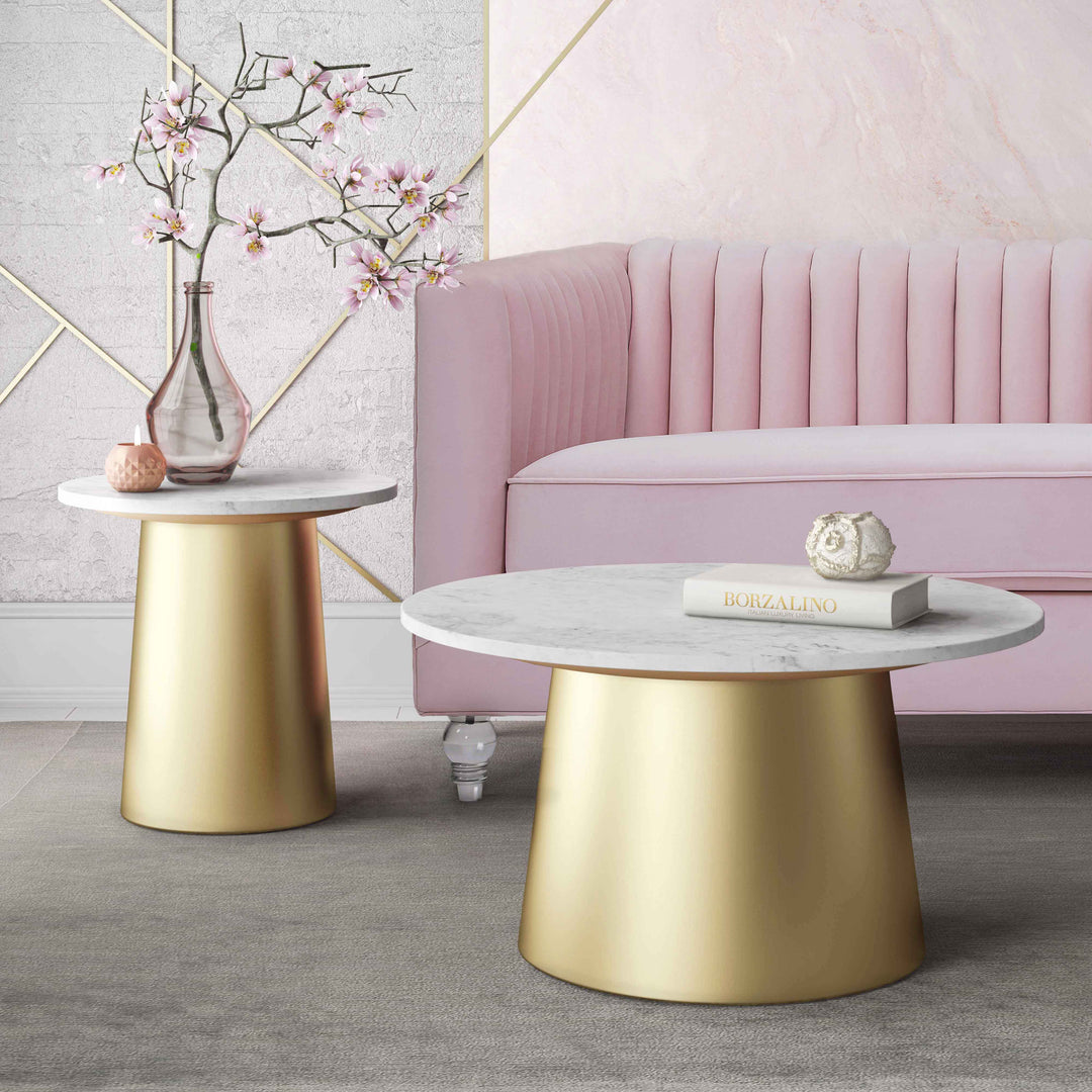 Mesa de centro moderna circular dorada con mármol blanco Oval MCMO-01 y mesa lateral Oval.