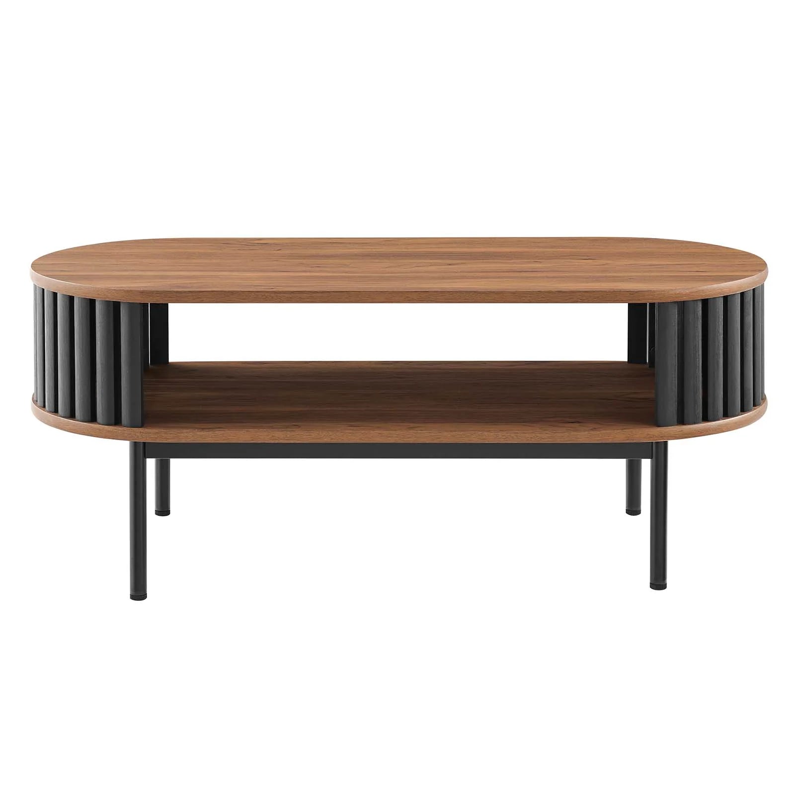 Mesa de centro negra ovalada de madera color nogal Veron de frente.
