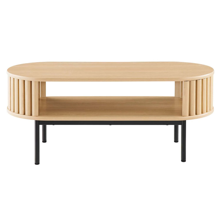 Mesa de centro ovalada de madera color roble Veron de frente.