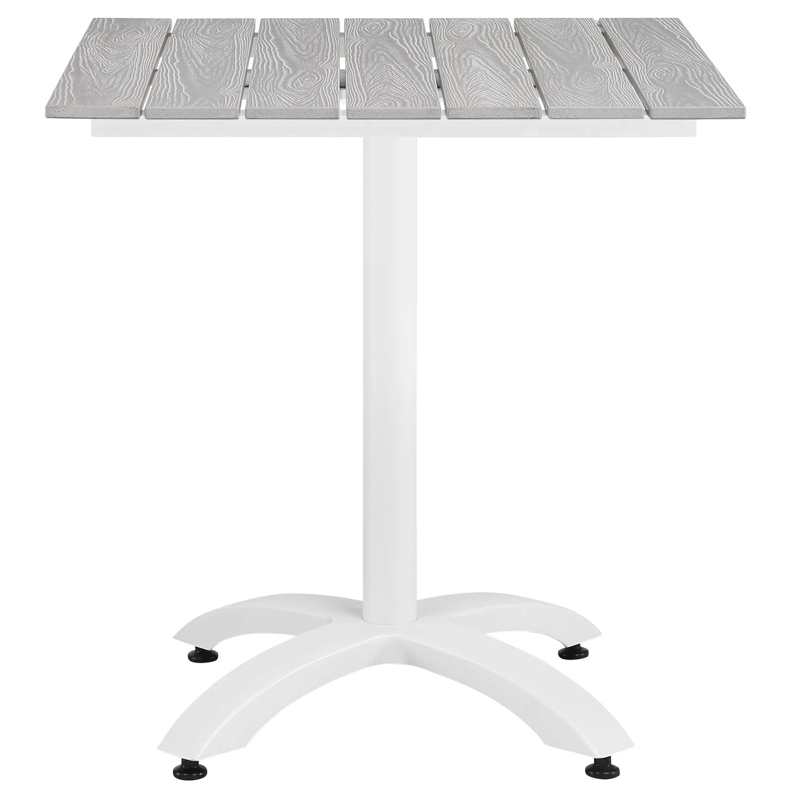 Mesa de comedor exterior de 28” de madera sintética y aluminio Lore color gris claro de frente.