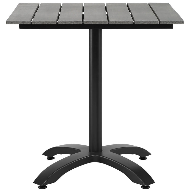 Mesa de comedor exterior de 28” de madera sintética y aluminio Lore color marrón gris de frente.