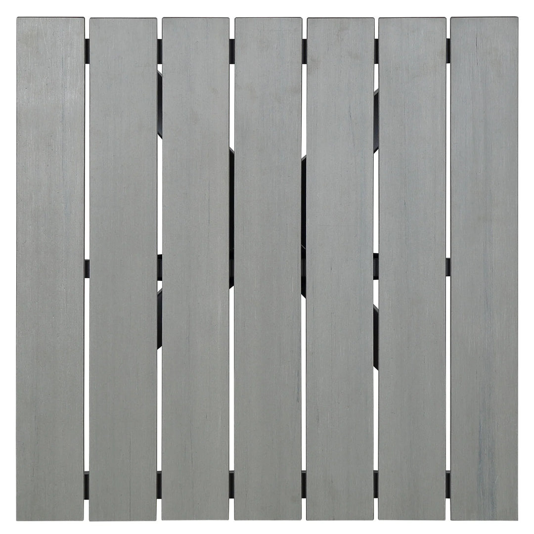 Mesa de comedor exterior de 28” de madera sintética y aluminio Lore color marrón gris superficie.