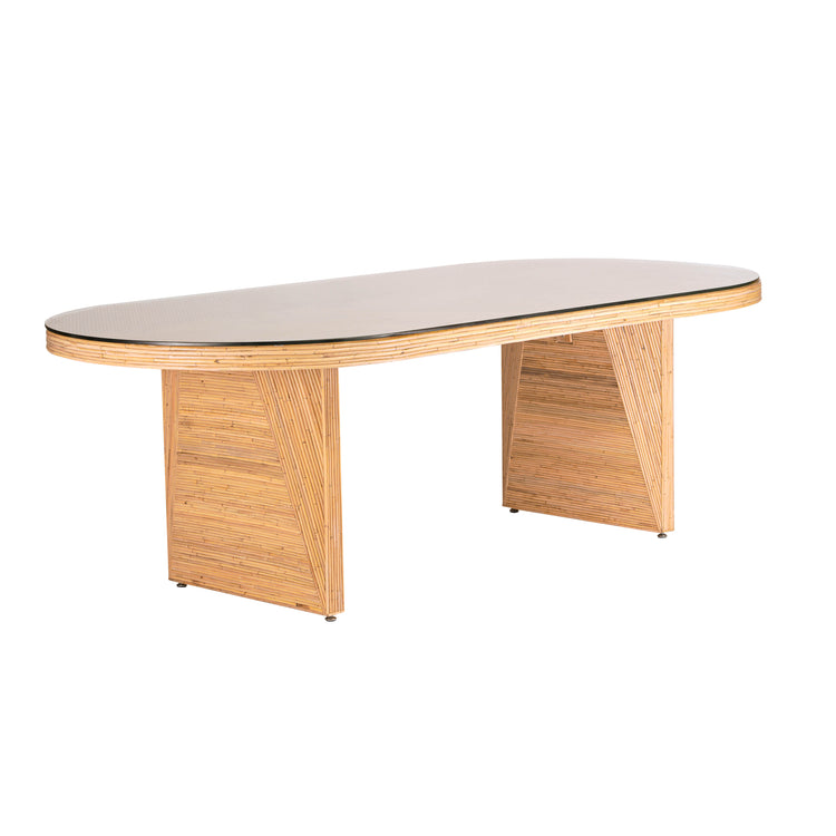 Mesa de comedor ovalado de 95” con ratán y vidrio Khalil.