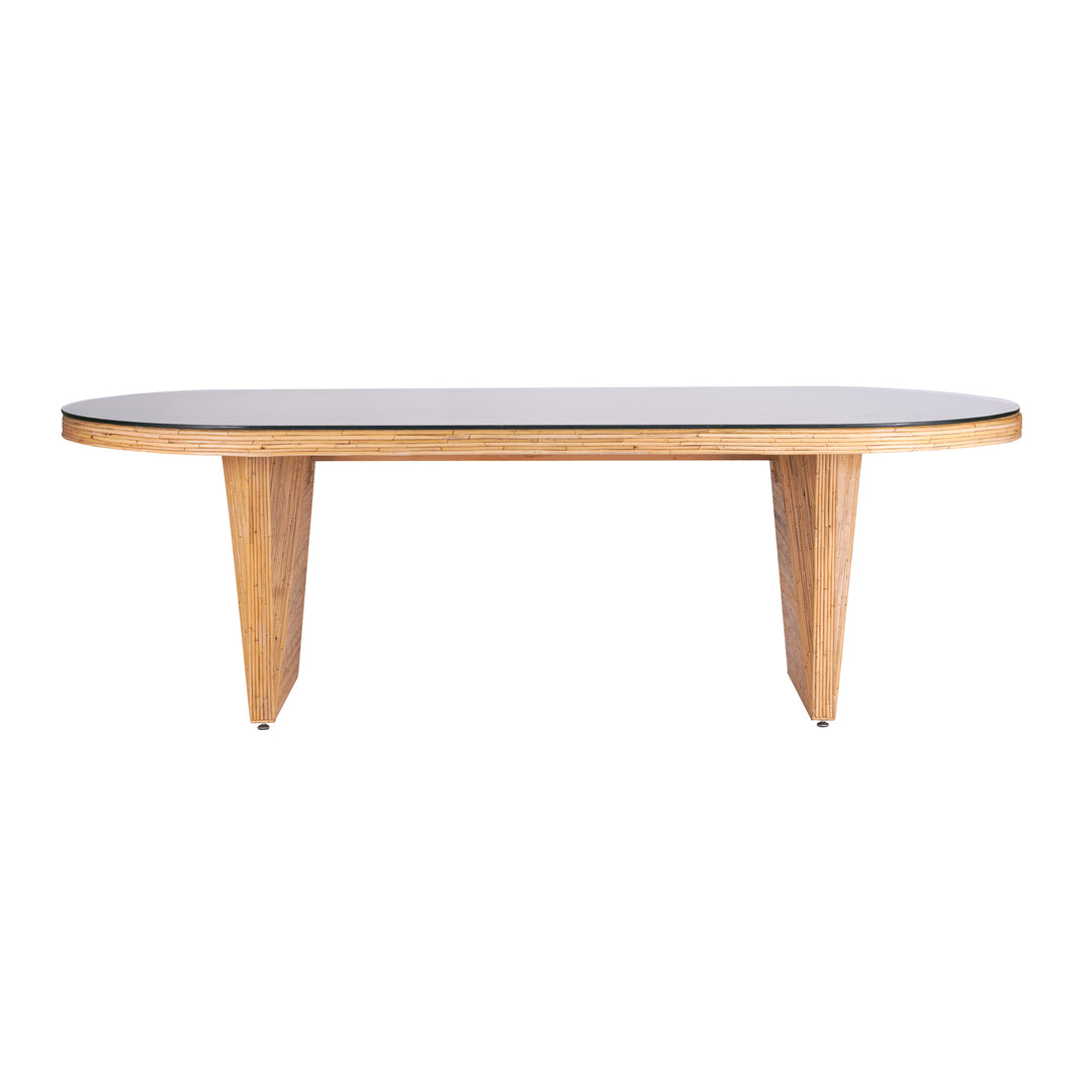 Mesa de comedor ovalado de 95” con ratán y vidrio Khalil