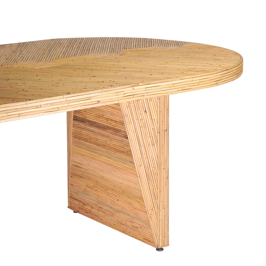 Mesa de comedor ovalado de 95” con ratán y vidrio Khalil