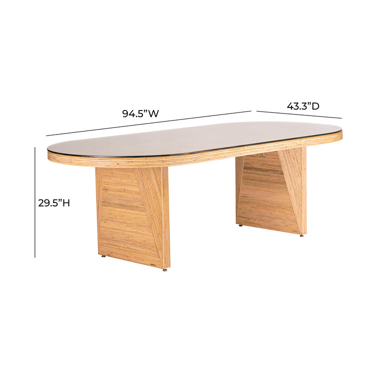 Mesa de comedor ovalado de 95” con ratán y vidrio Khalil dimensiones.