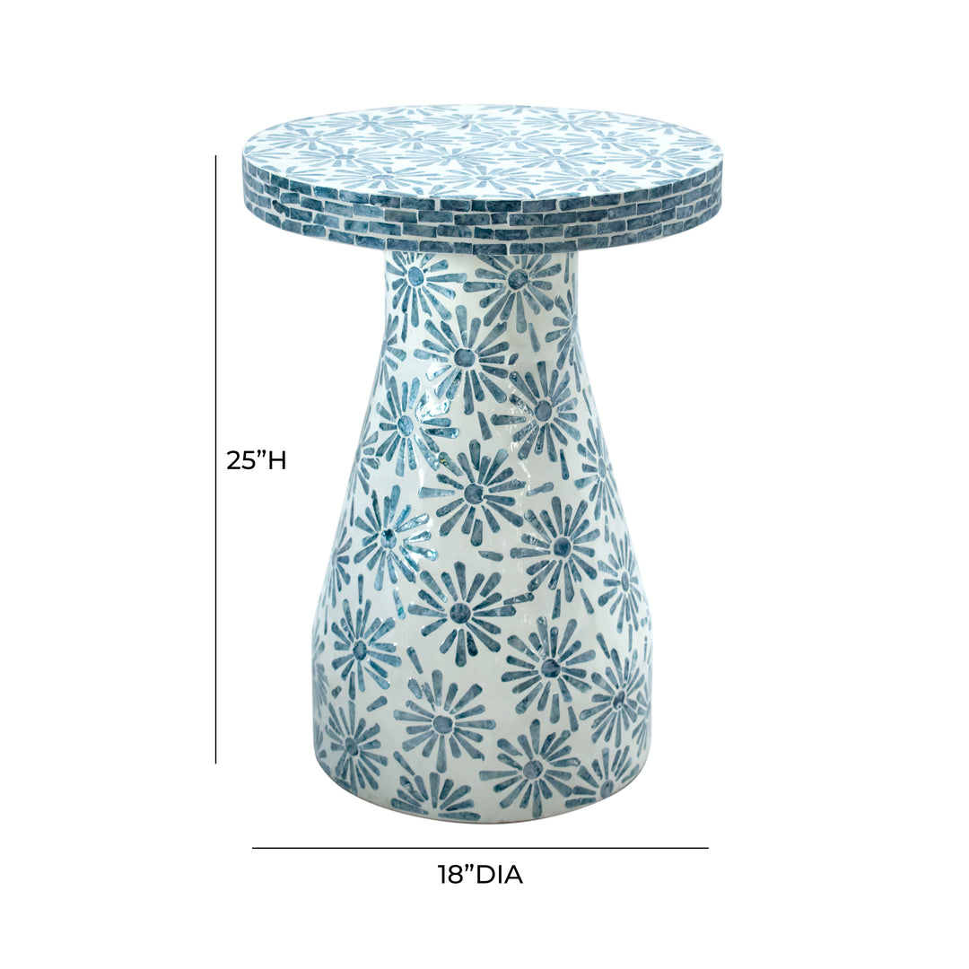 Mesa lateral Astrid azul floral dimensiones.