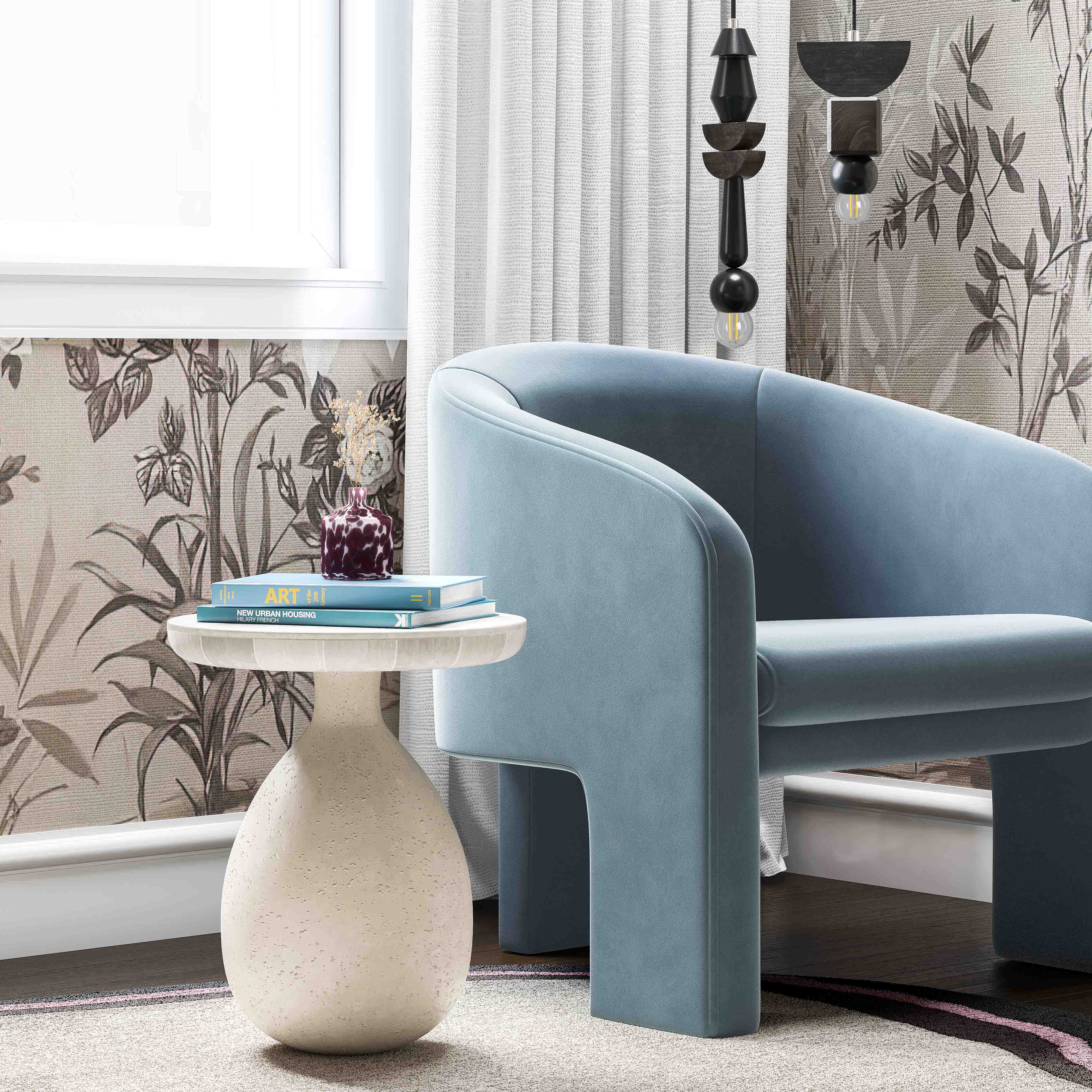 Mesa lateral color crema Travertino Saville en una sala moderna junto a silla de acento Idriss STID-02.