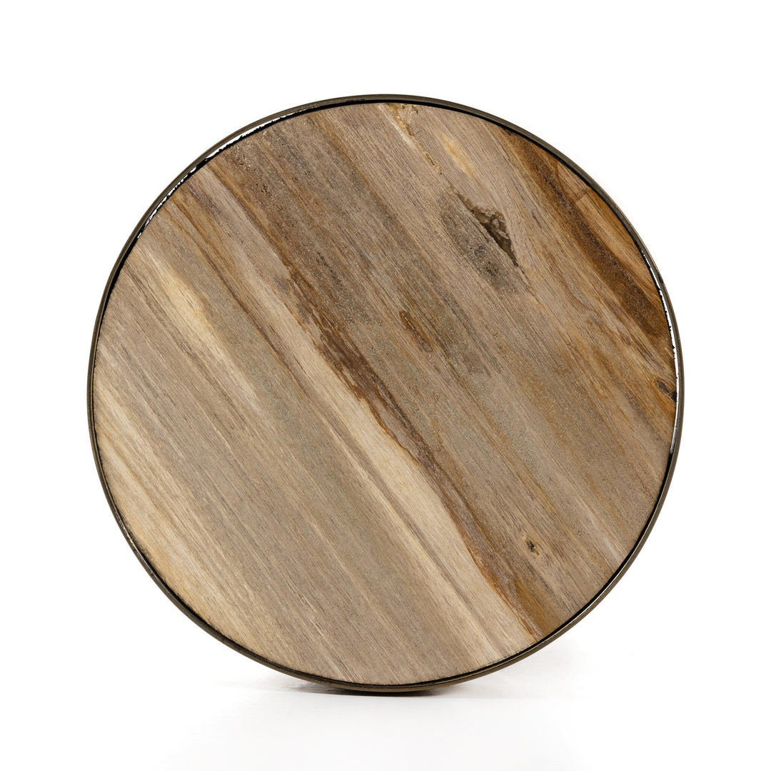 Mesa lateral con madera petrificada y acero inoxidable Letha