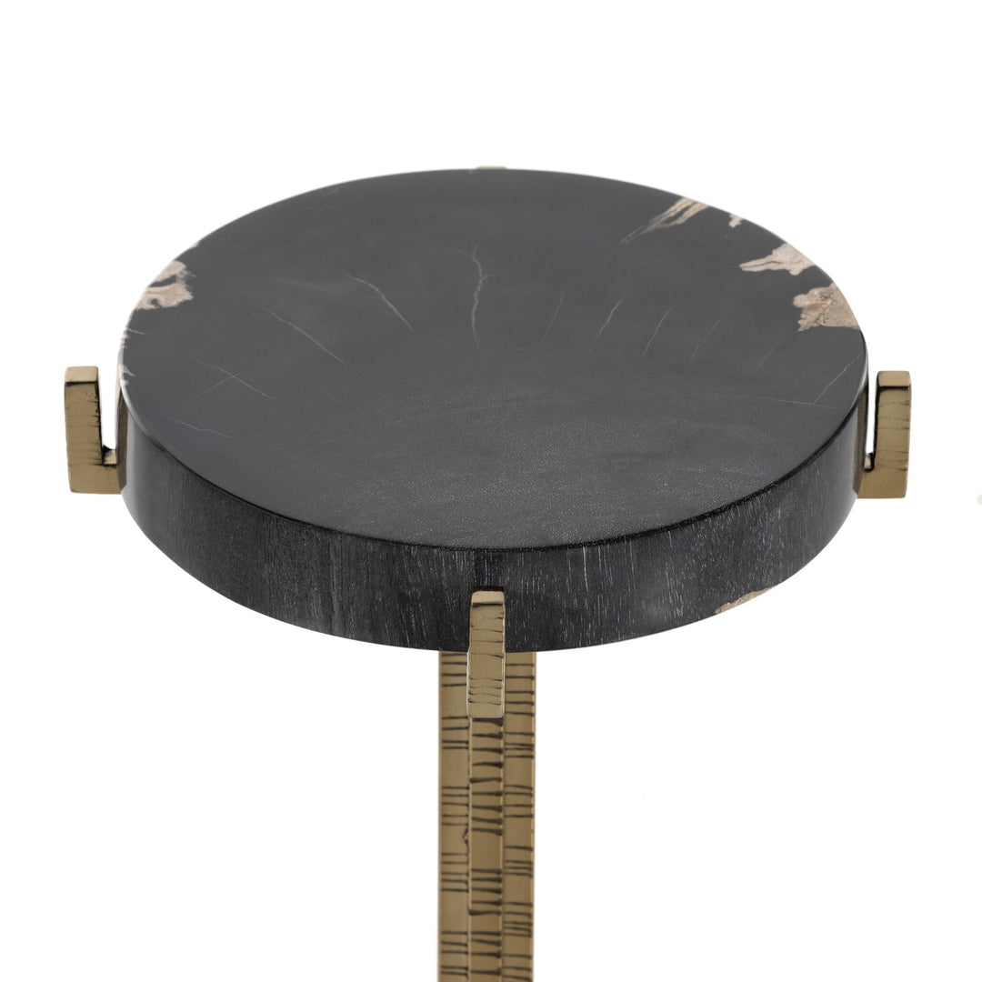 Mesa lateral de acero inoxidable y madera petrificada Persiis