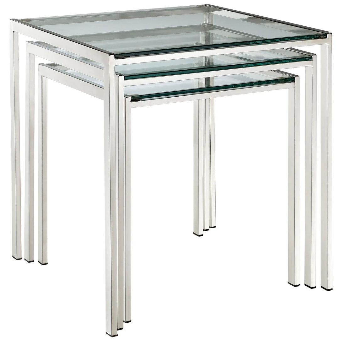 Mesa lateral estilo nido de acero inoxidable y vidrio templado Griselda.