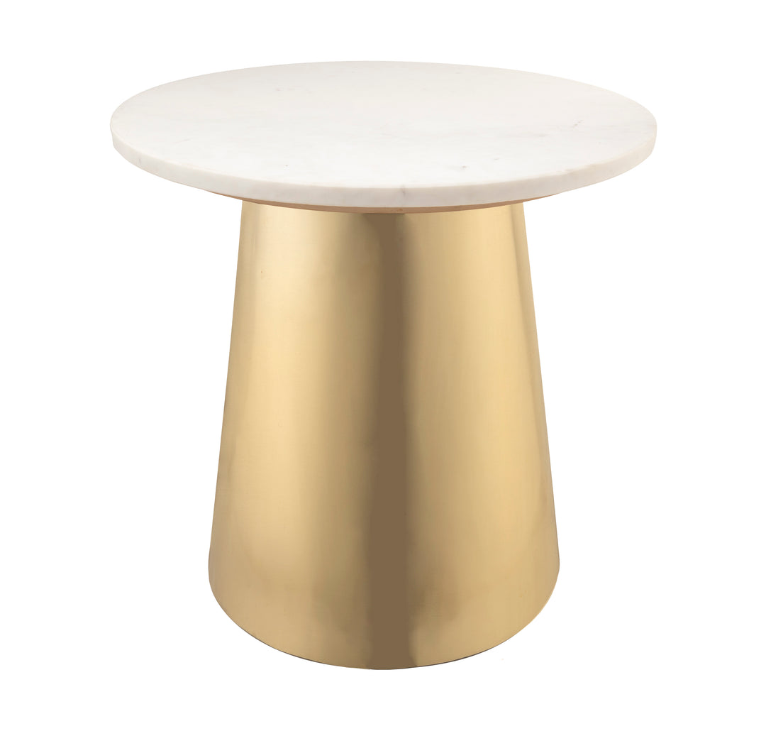 Mesa lateral moderna circular dorada con mármol blanco Oval.