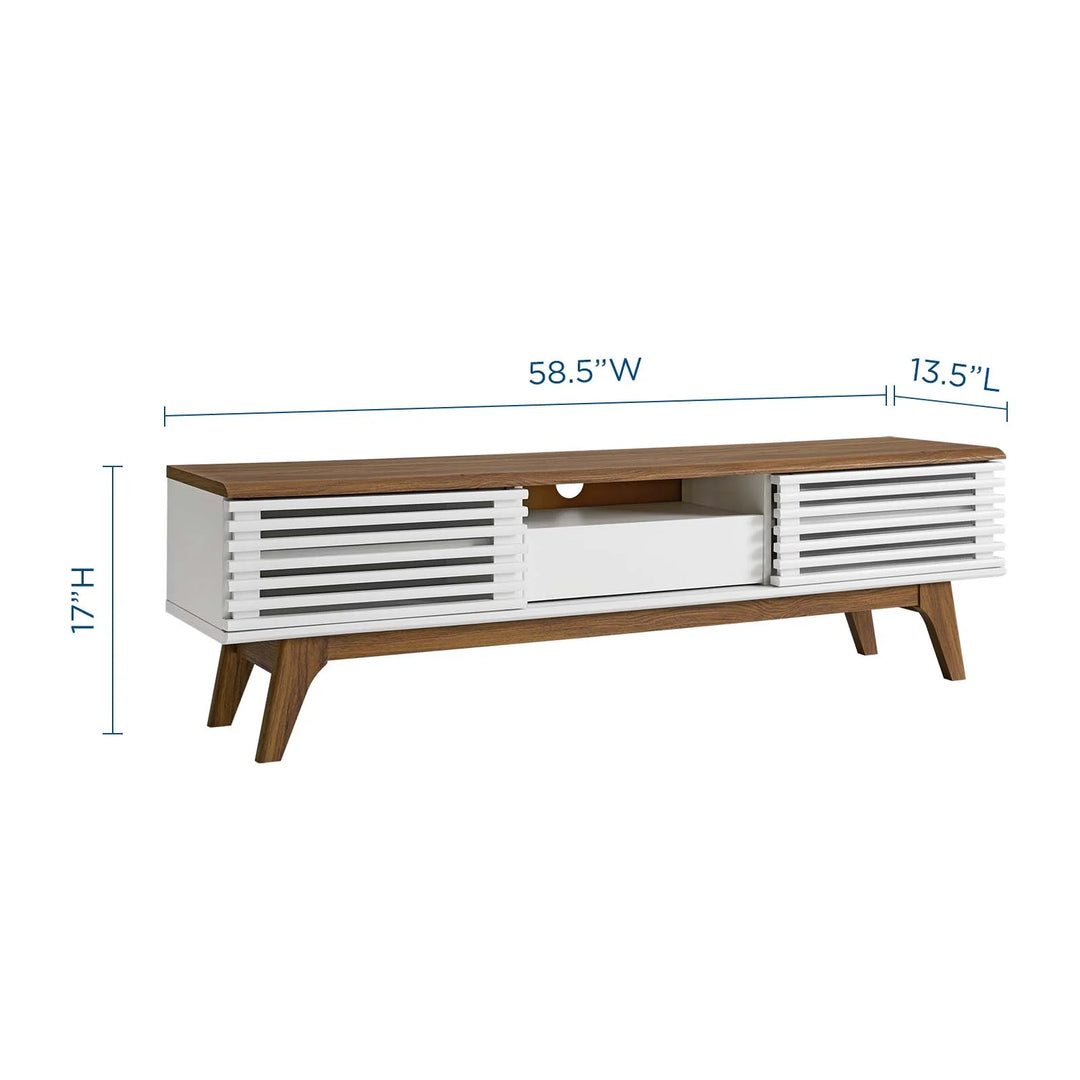 Mueble de 59" para TV Niklas color nogal y blanco dimensiones.